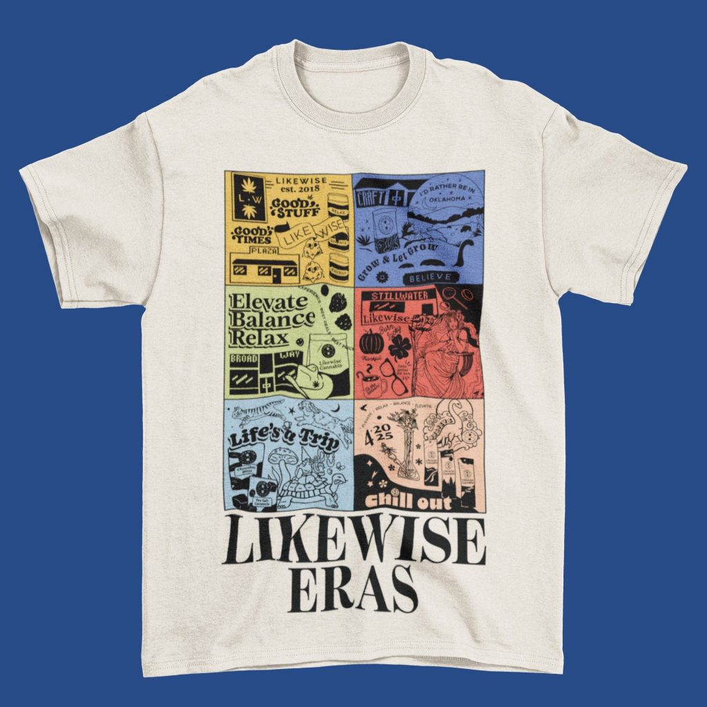 retrospective brand shirt design for likewise cannabis, white shirt on blue background